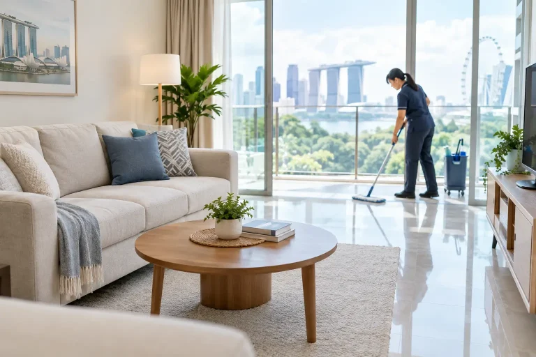 Cleaner mopping the floor of a bright Singapore living room during a home cleaning visit