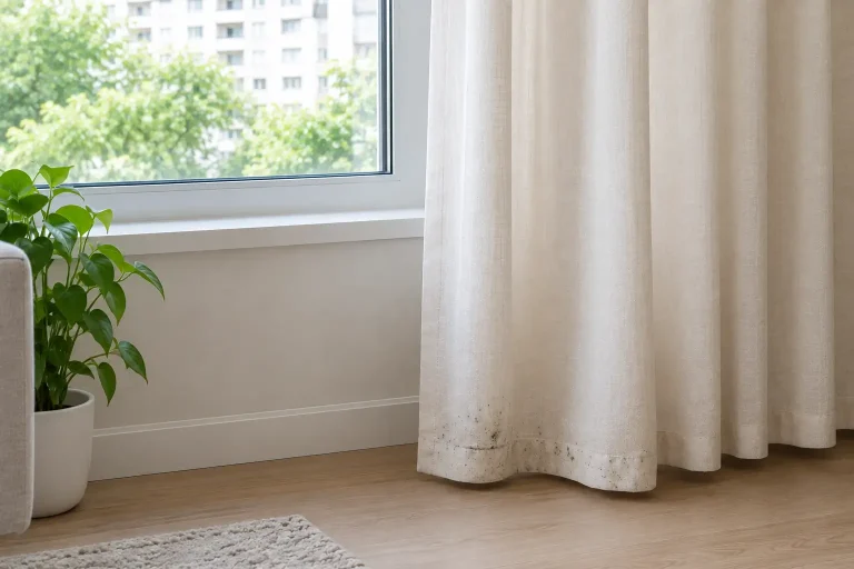 Curtain with small dark spots near the hem beside a window